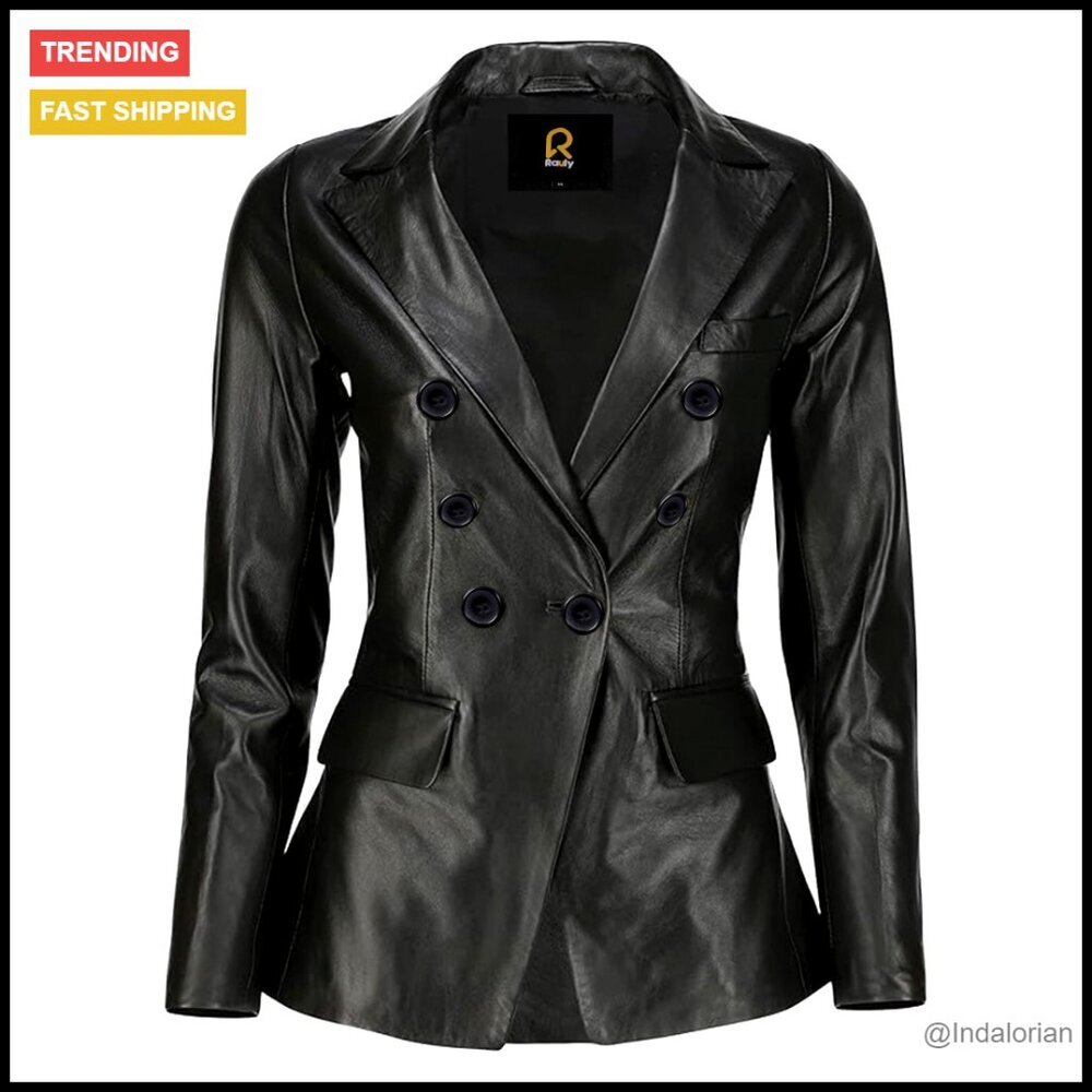 Genuine Leather Blazer Jacket Double-Breasted Tailored Elegant Chic Coat